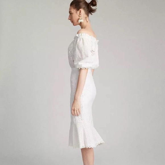 Saloni White Eyelet Grace Off the Shoulder Midi Dress NWT - Picture 4 of 10